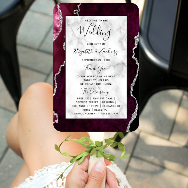 Burgundy Silver Agate Marble Wedding Program Hand Fan (Creator Uploaded)