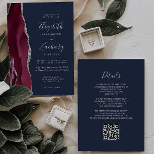 Burgundy Silver Agate Navy Blue QR Code Wedding Invitation