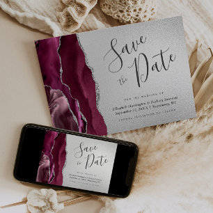 Burgundy Silver Agate Navy Blue Save the Date Invitation