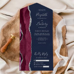 Burgundy Silver Agate Navy Blue Wedding All In One Invitation<br><div class="desc">The left-hand edge of this elegant modern all-in-one wedding invitation and RSVP features a burgundy watercolor agate border trimmed with faux silver glitter. The customisable text combines silver grey handwriting, copperplate and italic fonts on a navy blue background. The return address appears on the outside flap and the reverse side...</div>