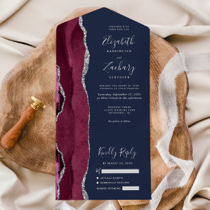 Burgundy Silver Agate Navy Blue Wedding All In One Invitation