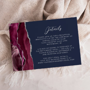 Burgundy Silver Agate Navy Blue Wedding Details Enclosure Card
