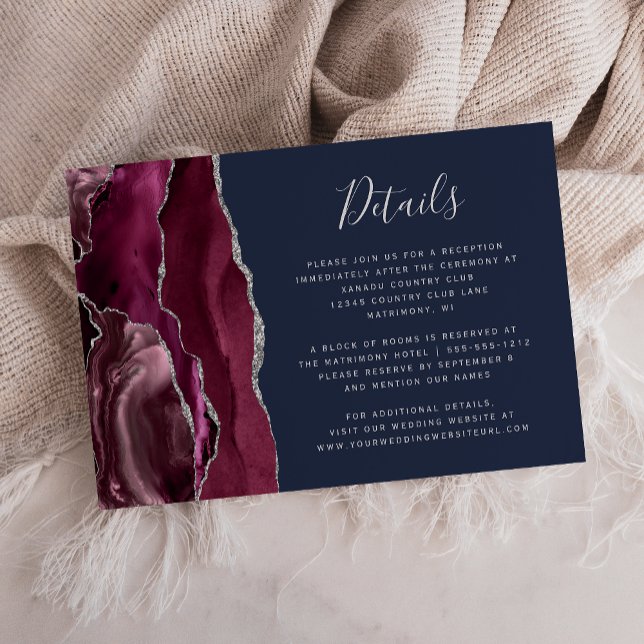 Burgundy Silver Agate Navy Blue Wedding Details  Enclosure Card (Creator Uploaded)