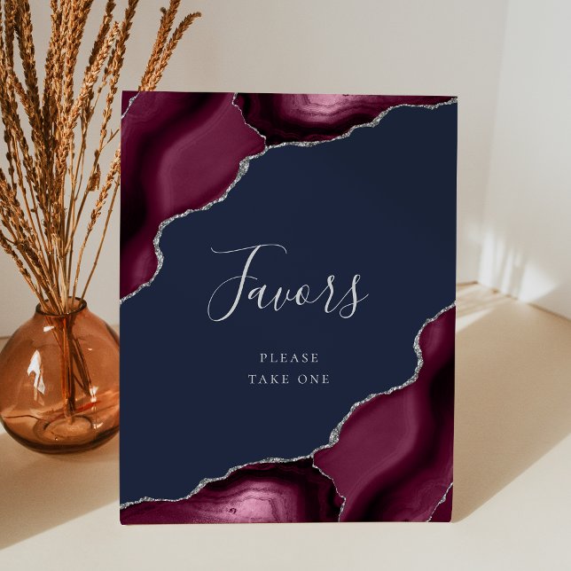 Burgundy Silver Agate Navy Blue Wedding Favours Pedestal Sign (Creator Uploaded)