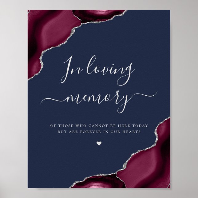 Burgundy Silver Agate Navy Blue Wedding Memorial Poster (Front)
