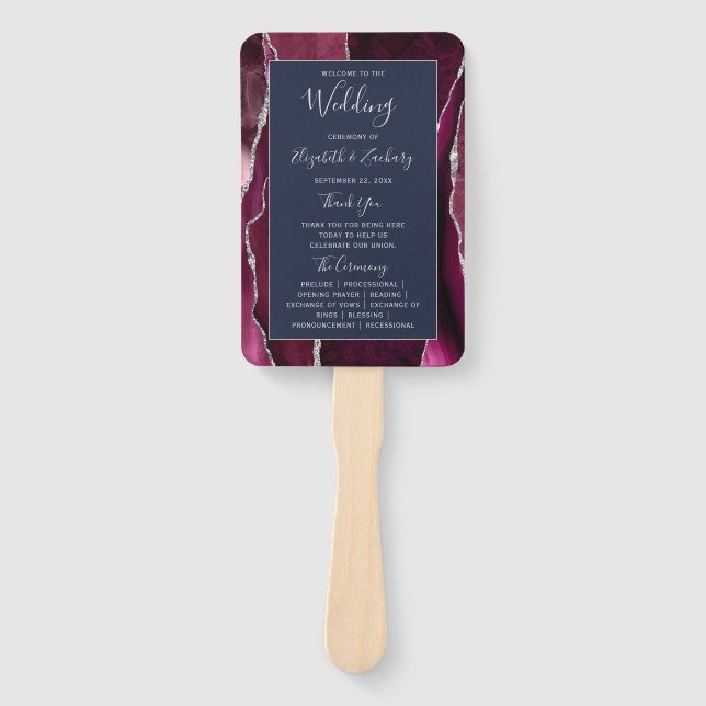 Burgundy Silver Agate Navy Blue Wedding Program Hand Fan (Front)