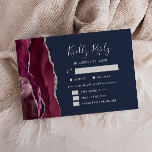 Burgundy Silver Agate Navy Meal Options Wedding RSVP Card