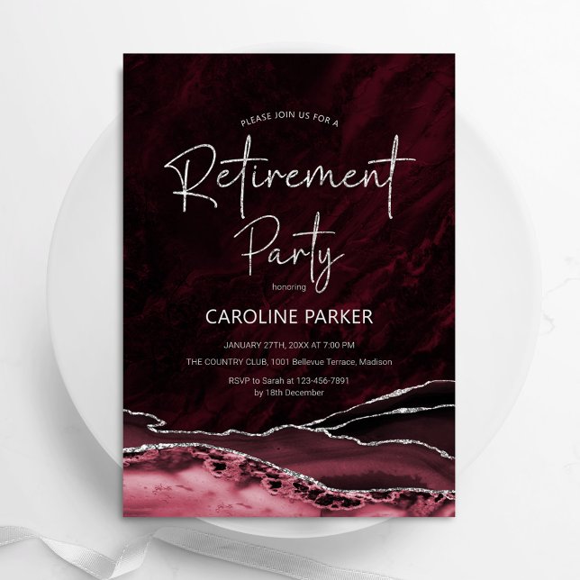 Burgundy Silver Agate Retirement Party Invitation (Creator Uploaded)