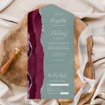 Burgundy Silver Agate Sage Green Wedding All In One Invitation<br><div class="desc">The left-hand edge of this elegant modern all-in-one wedding invitation and RSVP features a burgundy watercolor agate border trimmed with faux silver glitter. The customisable text combines white handwriting, copperplate and italic fonts on a sage green background. The return address appears on the outside flap and the reverse side of...</div>