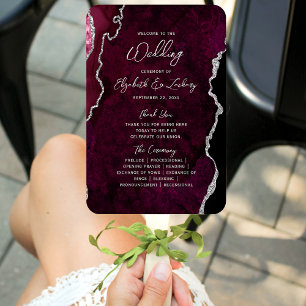 Burgundy Silver Agate Script Wedding Program Hand Fan