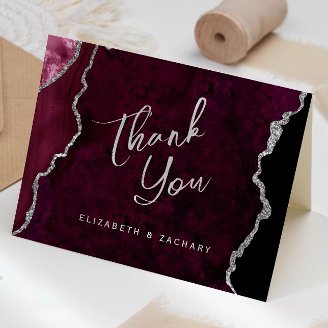 Burgundy Silver Agate Script Wedding Thank You Card (Creator Uploaded)