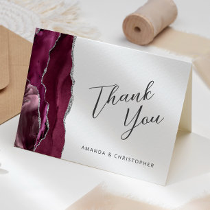 Burgundy Silver Agate Script Wedding Thank You Card