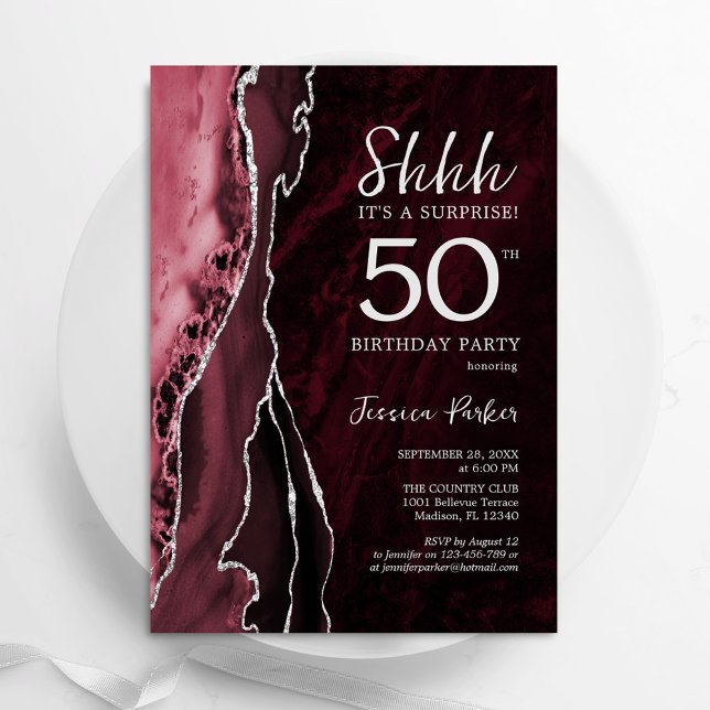Burgundy Silver Agate Surprise 50th Birthday Invitation (Creator Uploaded)