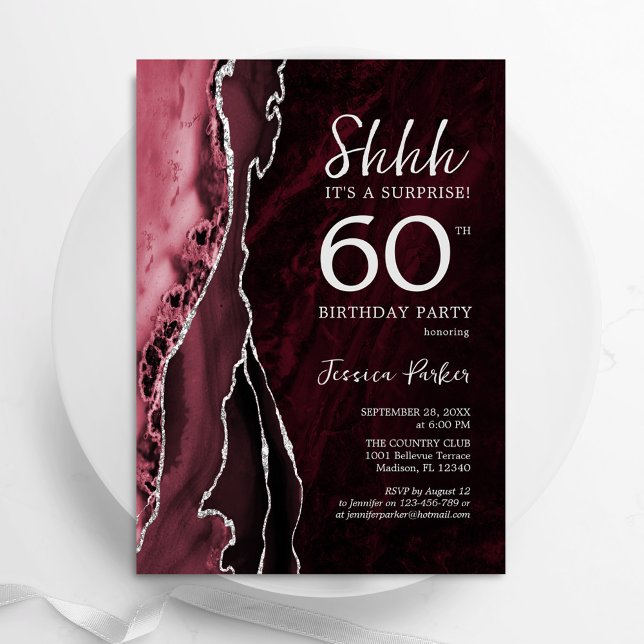 Burgundy Silver Agate Surprise 60th Birthday Invitation (Creator Uploaded)
