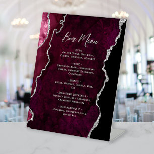 Burgundy Silver Agate Wedding Bar Menu Pedestal Sign