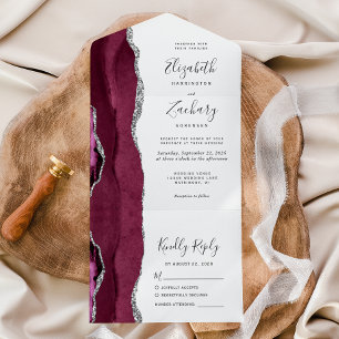Burgundy Silver Agate White Wedding All In One Invitation