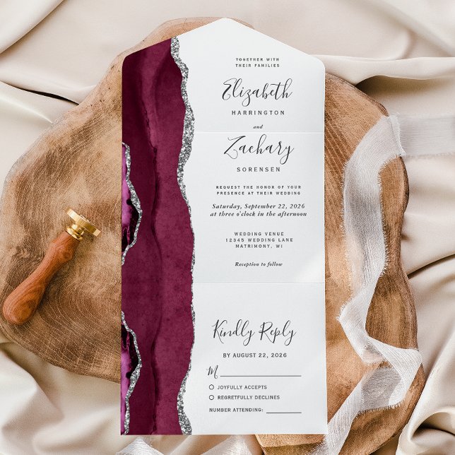Burgundy Silver Agate White Wedding All In One Invitation (Creator Uploaded)