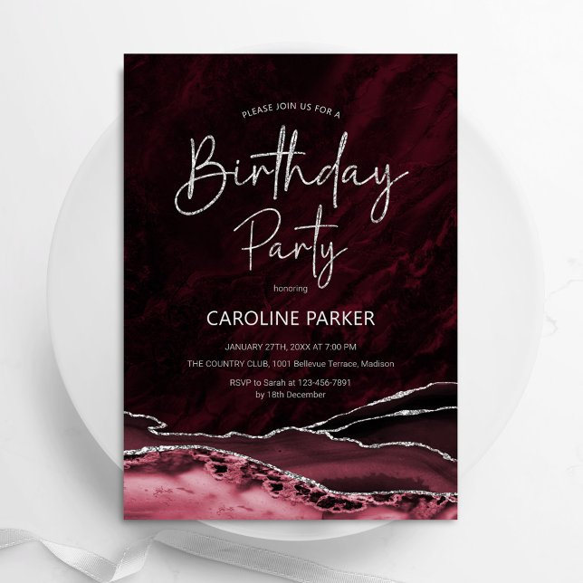Burgundy Silver Birthday Any Age Invitation (Creator Uploaded)