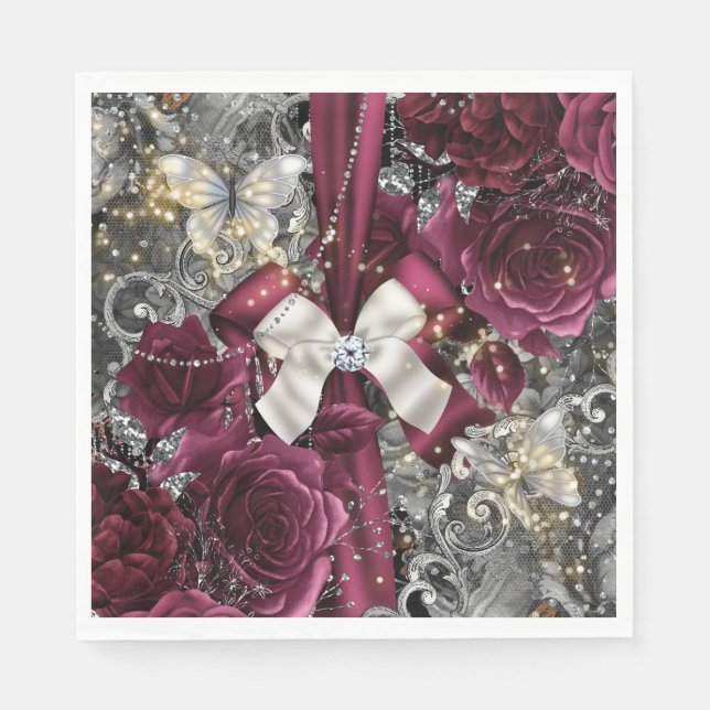 Burgundy silver butterfly rose shabby vintage  napkin (Front)