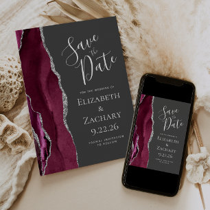 Burgundy Silver Charcoal Grey Photo Save the Date Invitation