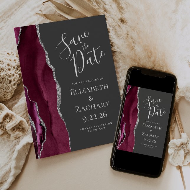 Burgundy Silver Charcoal Grey Photo Save the Date Invitation (Creator Uploaded)