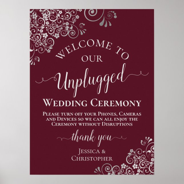 Burgundy & Silver Chic Unplugged Wedding Ceremony Poster (Front)