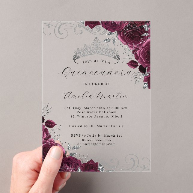 Burgundy Silver Clear Acrylic Floral Quinceanera  Acrylic Invitations (Insitu (Handheld))