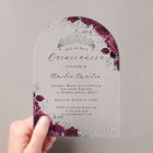 Burgundy Silver Clear Acrylic Floral Quinceanera