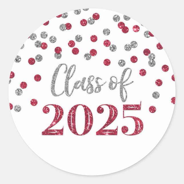 Burgundy Silver Confetti Graduation 2025 Classic Round Sticker (Front)