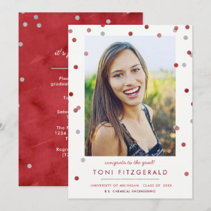 Burgundy & Silver Confetti Photo Graduation Invitation