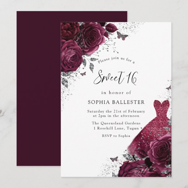 Burgundy Silver Dress & Floral Roses Sweet 16 Invitation (Front/Back)