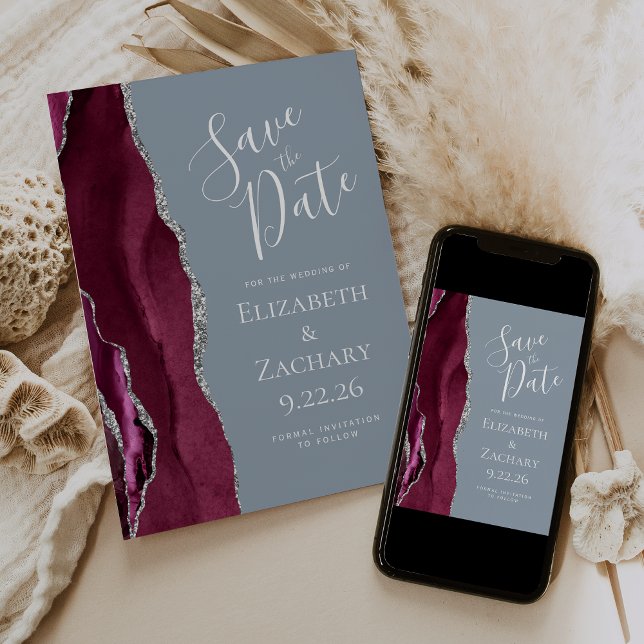 Burgundy Silver Dusty Blue Photo Save the Date Invitation (Creator Uploaded)
