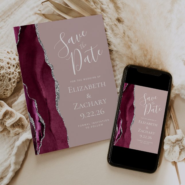 Burgundy Silver Dusty Rose Photo Save the Date Invitation (Creator Uploaded)