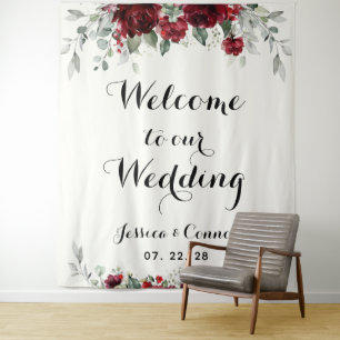 Burgundy Silver Eucalyptus Welcome To Our Wedding Tapestry