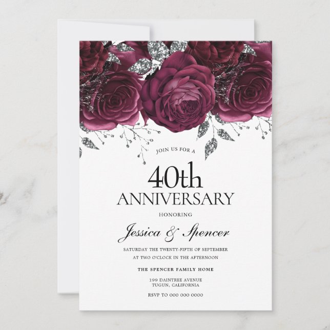 Burgundy & Silver Floral 40th Wedding Anniversary Invitation (Front)