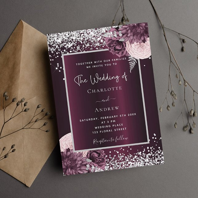 Burgundy silver floral elegant luxury wedding invitation (Creator Uploaded)