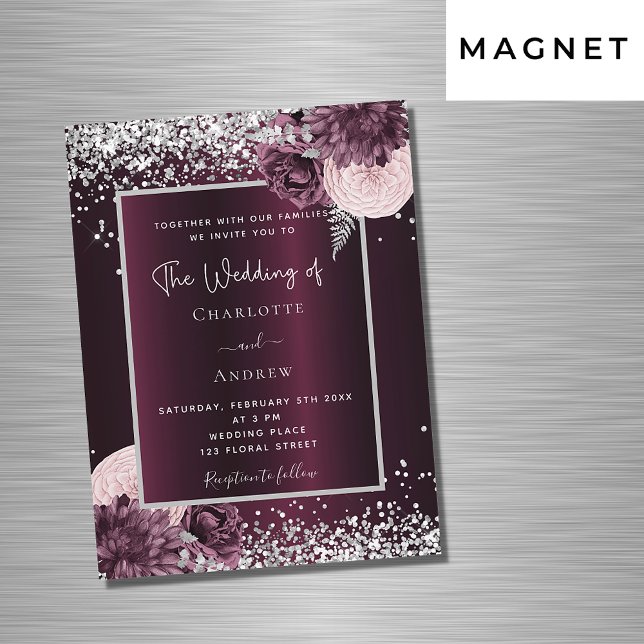 Burgundy silver floral elegant luxury wedding magnetic invitation (Creator Uploaded)