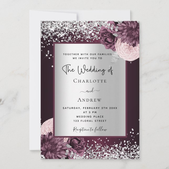 Burgundy silver floral elegant wedding invitation (Front)