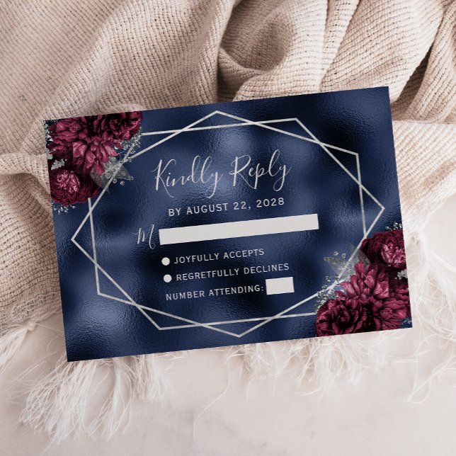 Burgundy Silver Floral Geometric Navy Foil RSVP Card (Creator Uploaded)