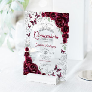 Burgundy Silver Floral Quinceanera Acrylic Invitations