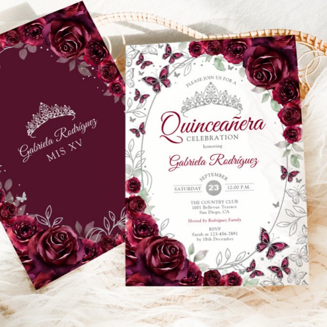 Burgundy Silver Floral Quinceanera Invitation (Creator Uploaded)