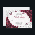 Burgundy Silver Floral Quinceanera Reply RSVP Card<br><div class="desc">Burgundy silver floral Quinceanera RSVP reply card. Features,  script font,  silver butterflies,  watercolor roses and tiara. Perfect for an elegant princess style glam celebration. Personalize with your own details.</div>