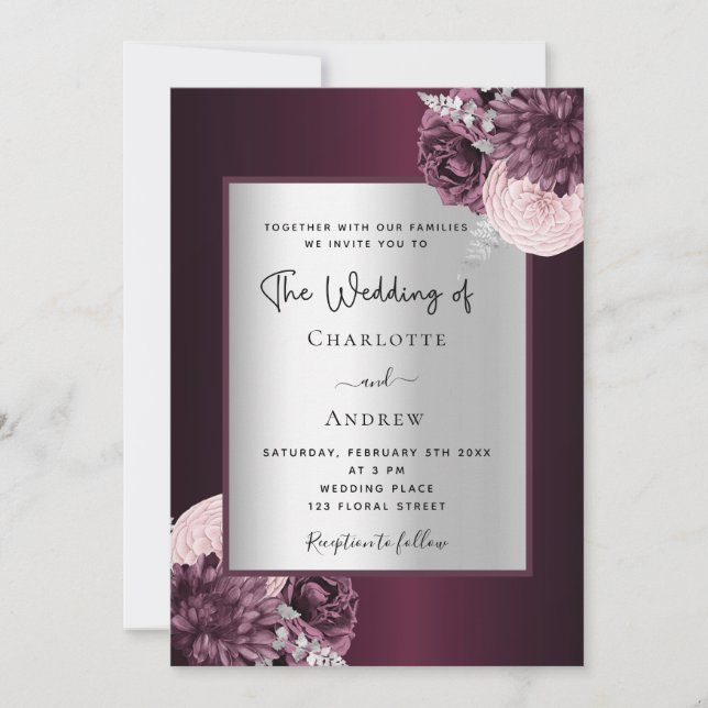 Burgundy silver floral stylish wedding invitation (Front)