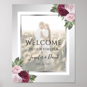 Burgundy Silver Floral Wedding Photo Welcome Sign