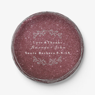 Burgundy Silver Floral Wreath Wedding Glitter Paper Plate