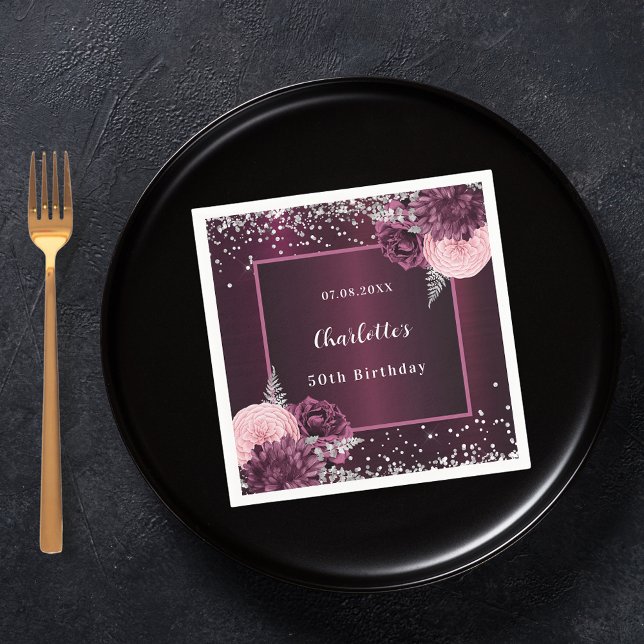 Burgundy silver florals birthday napkin (Creator Uploaded)