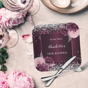 Burgundy silver florals birthday paper plate
