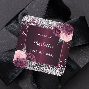 Burgundy silver florals birthday square sticker