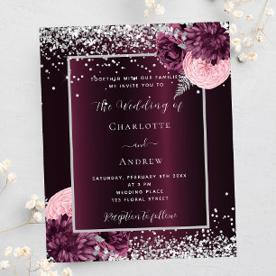 Burgundy silver florals budget wedding invitation