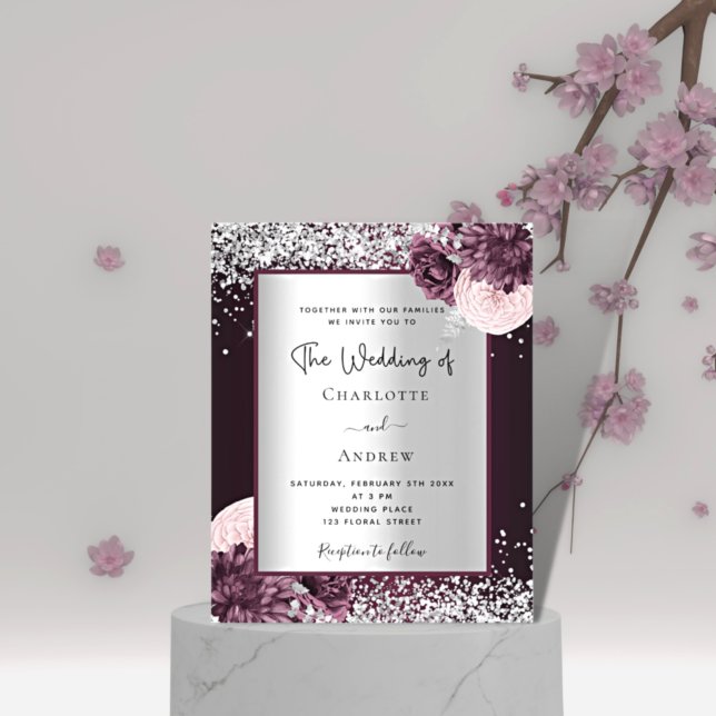 Burgundy silver florals budget wedding invitation (Creator Uploaded)